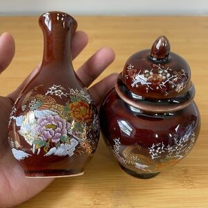 Vintage ASAHI Japan Brown Ceramic Temple Mini Jar w Lid and Mini Vase set